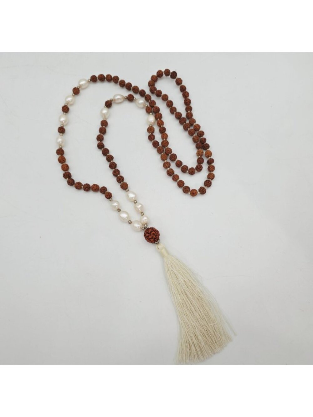 Rudraksha & Freshwater Pearl Beaded Necklace With White Tassel Pendant 36" - Picture 5 of 7